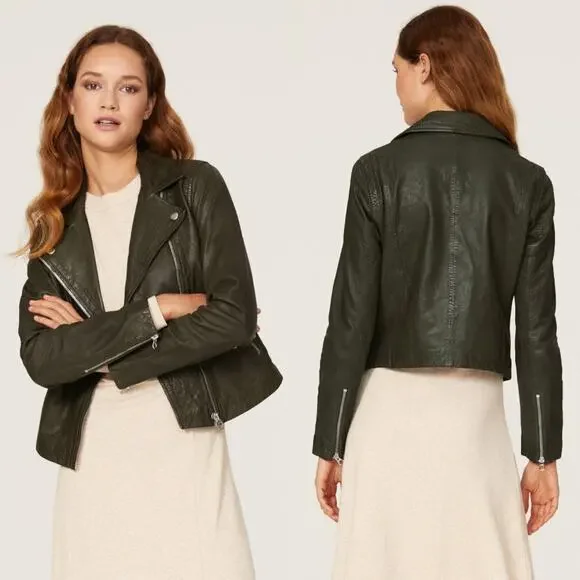 Madewell Washed Leather Motorcycle Jacket Dark Green Size XS Preowned - Picture 1 of 10